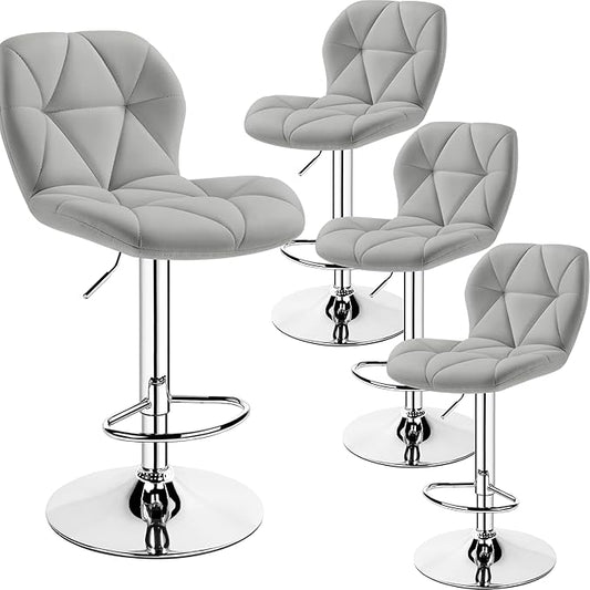 Yaheetech Bar Stools Set of 4, PU Leather Swivel Barstools, Height Adjustable Counter Stools with Backrest fot Kitchen Home Bar, Light Grey