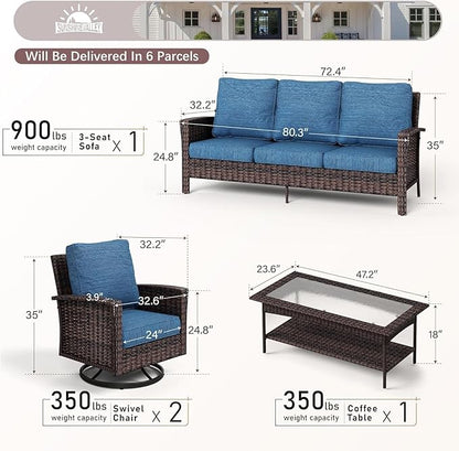 Patio Furniture Set with Swivel Chairs, High Back Wicker Rattan Furniture with 5.5" Thick Cushions and Coffee Table, Outdoor Conversation Set for Backyard Deck,5 Seats, Blue