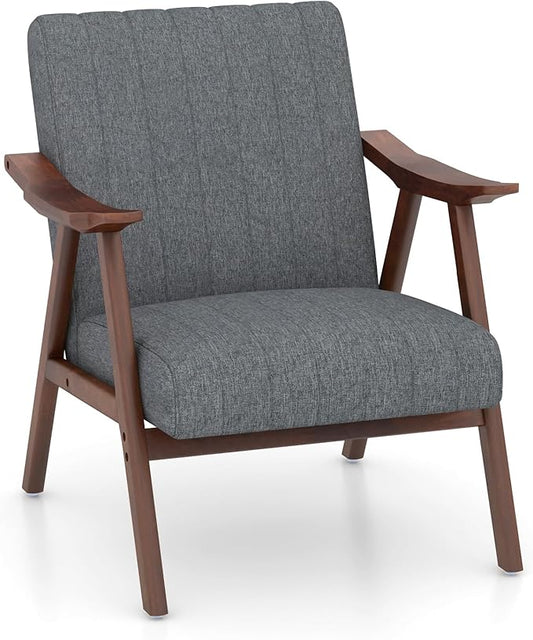 Giantex Mid-Century Modern Accent Chair, Upholstered Comfy Living Room Chair with Arms, Anti-Slip Felt Pads, Wooden Frame Soft Padded Armchair for Living Room Bedroom Office Study, Light Grey