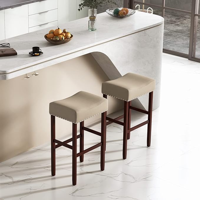 COSTWAY Counter Height Bar Stools Set of 2, 29.5-inch Backless Saddle Stools with Nailhead Trim, Footrest, Max Load 330 Lbs, Upholstered Barstools for Kitchen Island Pub, Beige
