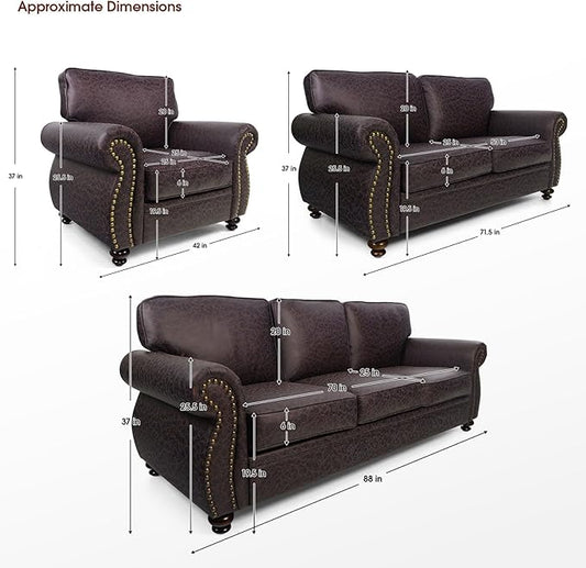 Living Room Furniture Sets,Sofa Sets and Couch Sets for Living Room,Mid-Century Vintage Sofa Couches with Rivet Design (Brown, 2 Loveseat+3 Seater)