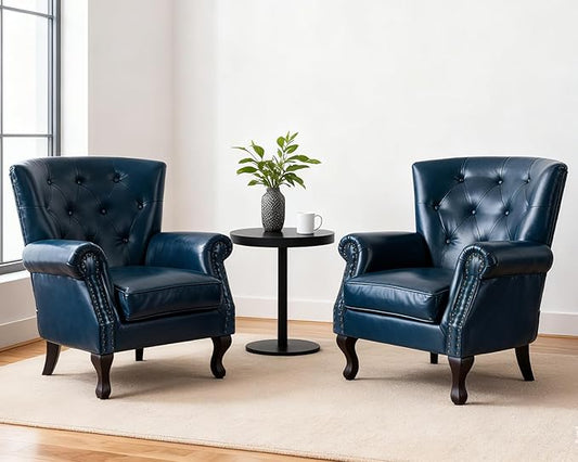 Modern Accent Chair Set of 2, Mid-Century PU Leather Armchair with Solid Wood Legs, Single Sofa Chair for Living Room, Bedroom, Leisure Room, or Reading Room(Navy)