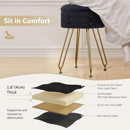 VECELO Round Vevlet Vanity Stool with Storage, 4 Metal Legs Vanity Seat with Anti-Slip Feet, Modern Vanity Chairs Footrest Furry Padded Seat, Space Saving, Easy to Clean for Makeup, Bedroom, Black