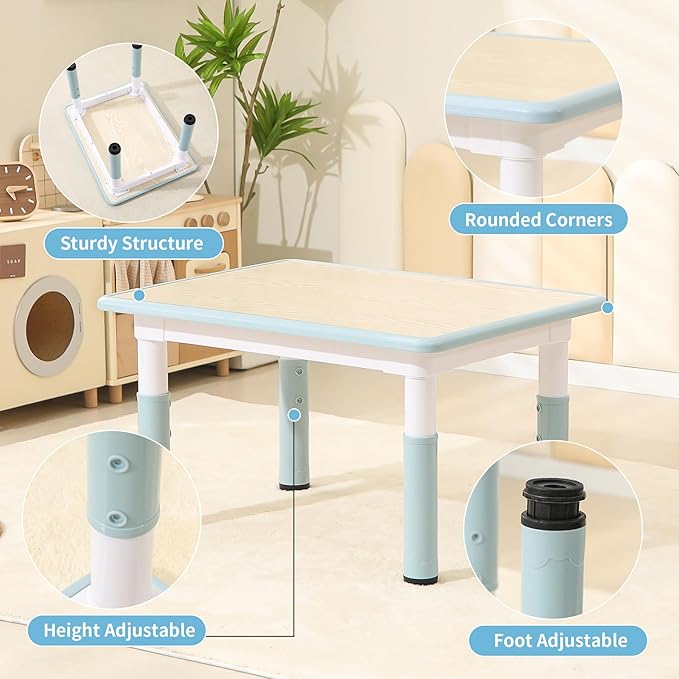 Toddler Table and 2 Chairs, Height-Adjustable Kids Table and Chairs Set, 31.5''L x 23.6''W Children Activity Table for Boys and Girls Aged 3-8