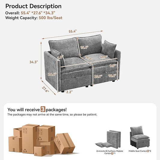 55" Cloud Modular Loveseat Sofa with Storage, Modern Upholstered Sofa Couch Small Love Seat，2 Seater Chenille Comfy Sectional Sofa with Armrests for Living Room, Small Space, Light Grey