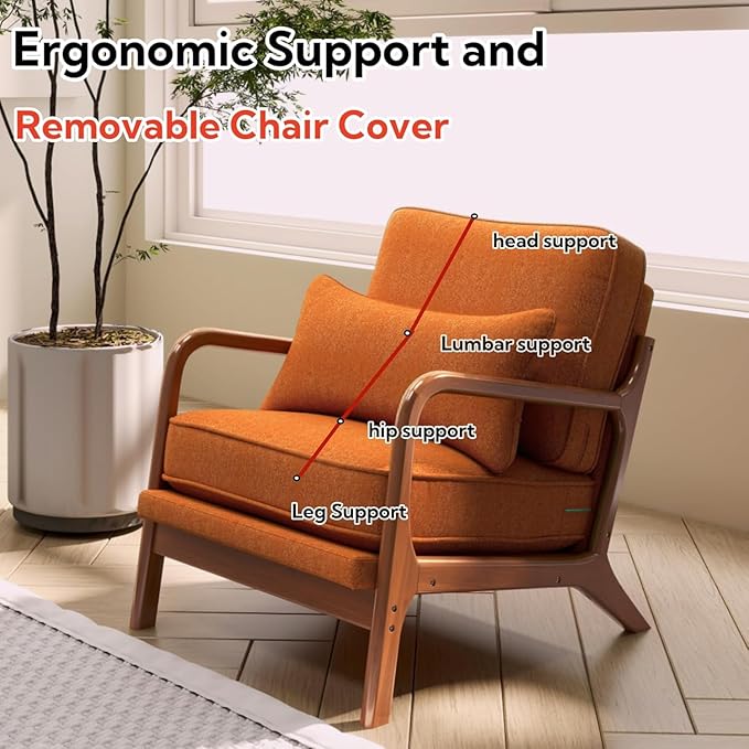 Mid-Century Accent Chair,Linen Fabric Lounge Chair with Wide Armrest, Armchair with Lumbar Pillow & Solid Wood Frame for Living Room, Bedroom, Reading Nook(Orange)