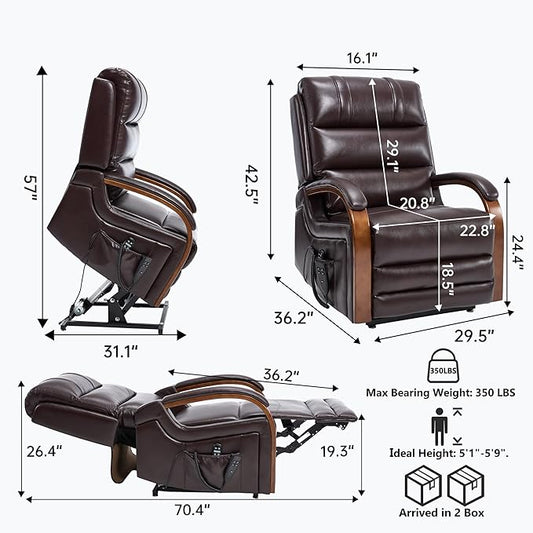 Dual Motor Recliner Lift Chair with Heat and Massage, Heavy Duty Leather Power Lift Recliner Chair Idea Gifts for Seniors, Stand Assistance, Dark Brown