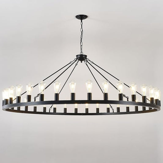 Large black wagon wheel chandelier 64 inch,36-Light Farmhouse wagon Wheel Chandeliers Round Industrial ceiling light fixtures for outdoor porch high ceilings Living Dining Room Foyer Entryway
