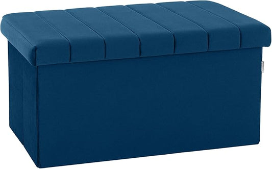 Seville Classics Cushioned Fabric Ottoman Hidden Storage Chest Footrest Chair, Padded Seat for Bedroom, Dorm, Loft, Living Room, Entryway, Hallway, Blue Velvet, 30" Bench