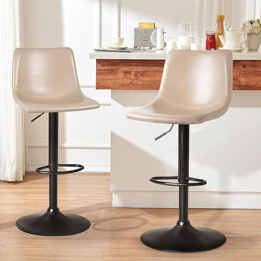 LEMBERI Bar Stools Set of 2, Modern Adjustable Swivel Bar Barstools Counter Height with Backrest, Faux Leather Upholstered Bar Chair for Kitchen Island, Beige