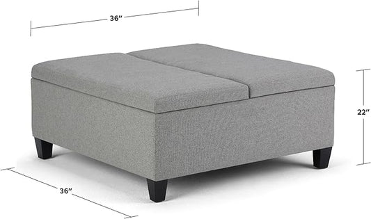 SIMPLIHOME Ellis 36 inch Wide Contemporary Square Coffee Table Storage Ottoman in Dove Grey Linen Look Fabric, Assembled, For the Living Room and Bedroom