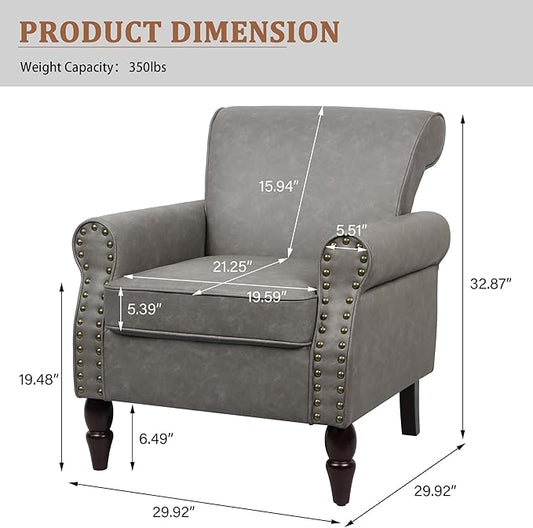 Accent Chair, Mid Century Modern Faux Leather Arm Chair with Wood Leg for Living Room, Bedroom, Comfy PU Leather Club Reading Chairs with Wingback & Nailhead Trim (Leather Grey, Set of 2)
