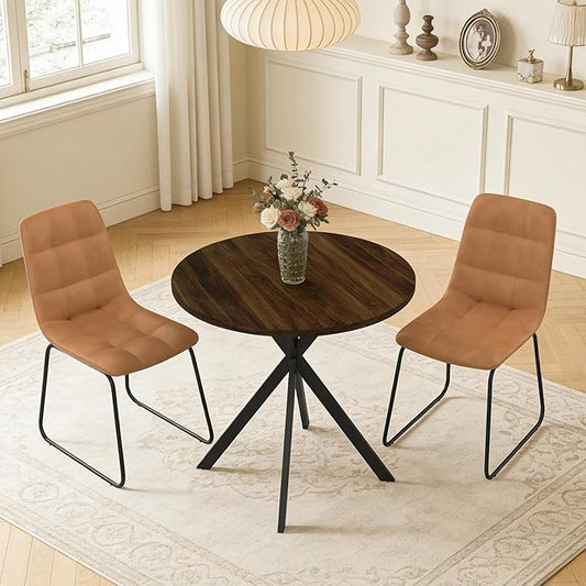 31.5" Round Dining Table Chairs Set for 2, Small Dining Table Chairs Set Space-Saving, Small Dinette Sets for 2 for Kitchen Dining Room Apartment(Walnut Table + Brown Chairs)