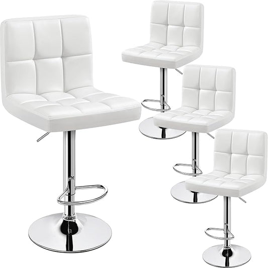 Yaheetech Bar Stools Set of 4, PU Leather Adjustable Swivel Barstools, Modern Armless Bar Chairs with Bigger Base, Thickened Seat Cushion, Square Island Barstools for Kitchen Island, White