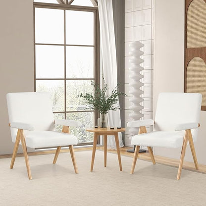 Giantex Mid-Century Modern Accent Chairs Set of 2, Sherpa Fabric Reading Chair with Padded Armrests, Solid Rubber Wood Frame, Upholstered Side Arm Chair for Living Room, Bedroom, Office, Beige