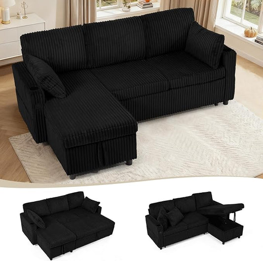 84" Corduroy Pull Out Sofa Bed w/Adjustable Backrests, Sectional L-Shape Sleeper Sofa w/Storage Chaise, Convertible Couch Bed w/USB Charging Port & Cup Holders for Living Room, House, Black