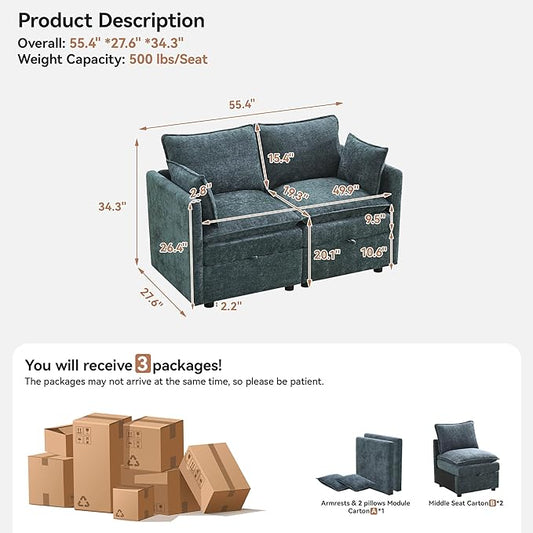 55" Cloud Modular Loveseat Sofa with Storage, Modern Upholstered Sofa Couch Small Love Seat，2 Seater Chenille Comfy Sectional Sofa with Armrests for Living Room, Small Space, Blue