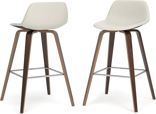 SIMPLIHOME Randolph Counter Stools (Set of 2) - 28 Inch Seat Height Upholstered Bentwood Kitchen Seats in Cream PU Faux Leather, Mid Century Modern Seating with Curved Backrest and Chrome Footrest