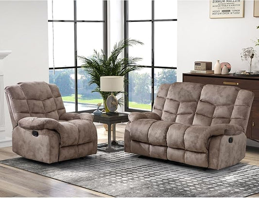 CANMOV Manual Reclining Sofa Set,2 Pieces Sofa Furniture Set for Living Room, Manual Recliner Chair and Recliner Loveseat with Arms for Living Room, Bedroom, Light Brown (1+2)