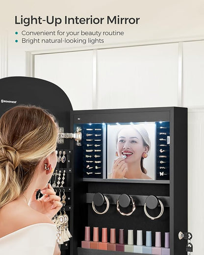 SONGMICS Jewelry Organizer, LED Jewelry Cabinet Wall/Door Mounted, Lockable Rounded Wide Mirror with Storage, Christmas Gift 3.9 x 16.5 x 42.5 Inches, Black Surface with Black Lining