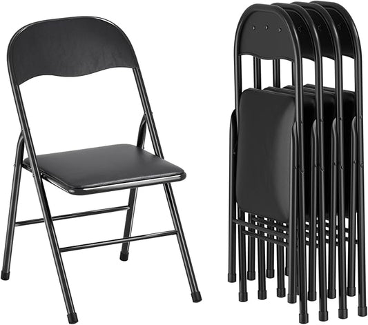 VECELO Folding Chairs 4 Pack Metal Portable with Soft PU Padded Seats for Home/Office/Party, Black