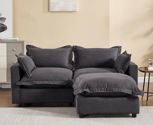 chairus 68" Love Seat Sofa with Ottoman Upholstered Linen Deep Seat Couch with Pillow Modular Oversized Couch Sleeper for Living Room, Bedroom, Reception Room, Apartment, 2-Seater/Black