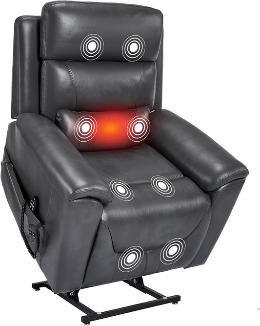 PELUMY Power Lift Recliner Chair for Elderly with Massage and Heat, Dual Motor Heavy Duty 350lbs Recliner, 8-Point Vibration & Lumbar Heating, Electric Lift Chair (Breathable Leather, Dark Grey)