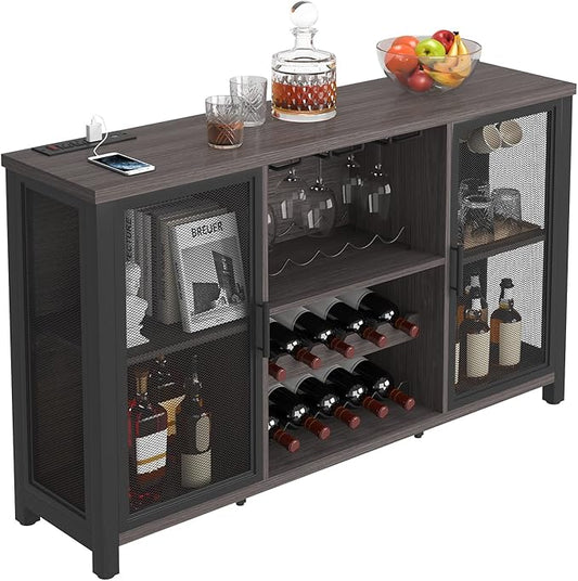 VEVOR 55 Inch Industrial Bar Cabinet, Wine Table for Liquor and Glasses, Sideboard Buffet Cabinet with Wine Rack, Freestanding Farmhouse Wood Coffee Bar Cabinet for Living Room, Home Bar, and Kitchen