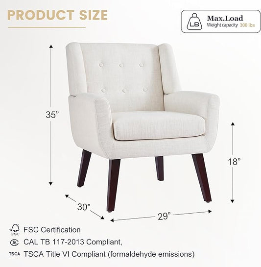 HUIMO Upholstered Accent Chairs Set of 2,Button-Tufted Reading Comfy Living Room Chair with Wooden Legs,Mid Century Modern Chair with Linen Fabric,Club Chair Comfy Arm Chairs for Bedroom,Beige