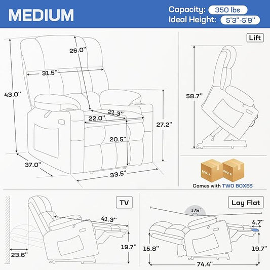 Tami Tami Dual Motor Power Lift Chair Recliner for Elderly with Massage and Heat, Infinite Position Electric Lift Recliner with Adjustable Headrest, USB (T6015 - Plush Fabric, Dark Brown, Medium)