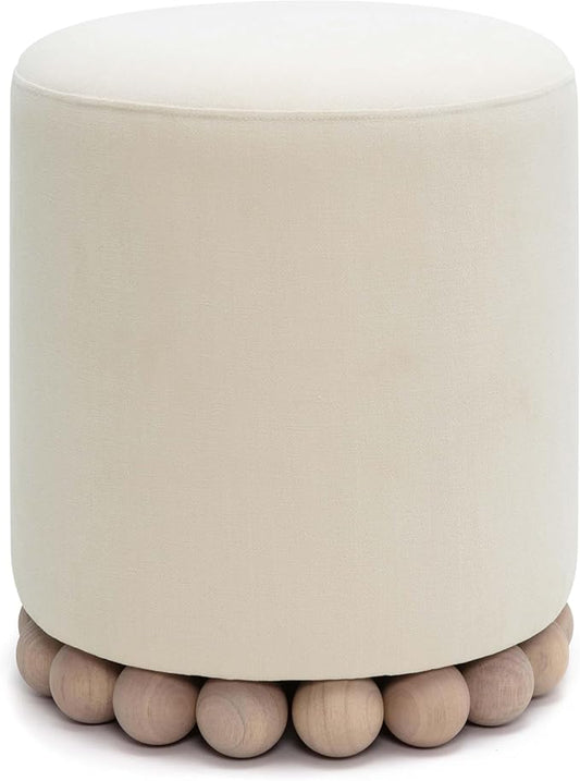 First of a Kind Ottoman Foot Rest - Cream Plywood Round Ottoman Stool with Solid Wood Spherical Orbs - 15.7" W x 15.7" D x 18.3" H - Handmade, Easy Clean, 330 lbs Weight Capacity