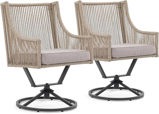JOIVI Swivel Patio Chairs Set of 2, Outdoor Rattan Dining Chairs with Breathable Cushions, Outdoor Swivel Rattan Chair with Iron Frame for Lawn, Garden, Porch, Backyard, Beige