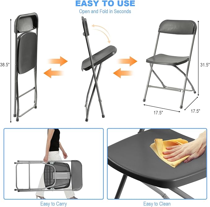 70 Pack Plastic Folding Chairs, Portable Party Chairs, Stackable Commercial Seats with Steel Frame for Home Office Wedding Party Indoor Outdoor Events Chairs, 350lbs Capacity,Gray