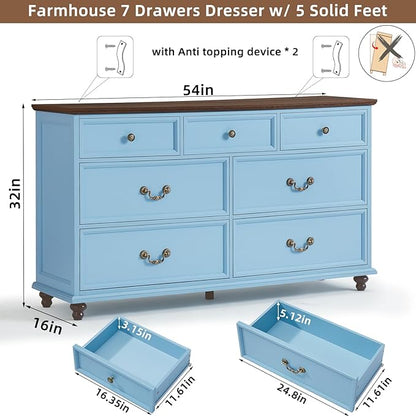 Farmhouse Dresser and Nightstand Sets, Wooden 7 Drawers Dresser & 24" Night Stand with 3 Drawers, 2 Piece Bedroom Furniture Set, Chest of Drawers for Bedroom, Home, Living Room, Hallway