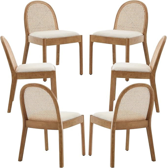 Rattan Dining Chairs Set of 6, Modern Dining Room Chairs with Cane Back Comfy Accent Sherpa Upholstered Boucle for Kitchen/Restaurant/Living Room, White