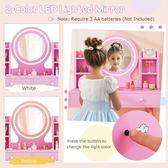Costzon Kids Vanity, Girls Vanity Set with Mirror and Stool and Lights, Drawers, Storage Shelves, Wooden Toddler Makeup Vanity Desk Dressing Table, Kids Vanity Table and Chair Set (Pink)
