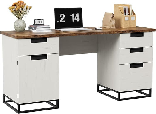 GAOMON Farmhouse Executive Desk, 59 Inch Computer Desk, White Home Office Desks with File Drawer and Storage Cabinet, Wood Writing Desks for Bedroom, Home Office, White+Vintage
