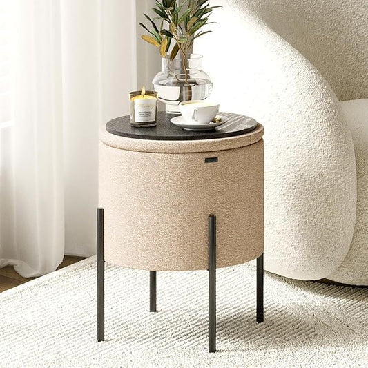 StorageBud Round Ottoman with Storage, Boucle Storage Ottoman, Foot Stool Ottoman, Makeup Vanity Stool, Small Ottoman Foot Rest, Modern Ottomans for Living Room and Bedroom, Beige