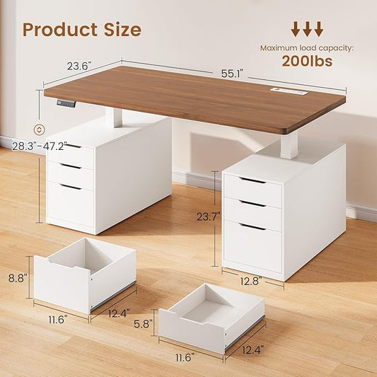 SEDETA Electric Standing Desk with 6 Drawers, 55" Adjustable Stand up Desk with Storage, Computer Desks with Power Outlets for Home Office, White