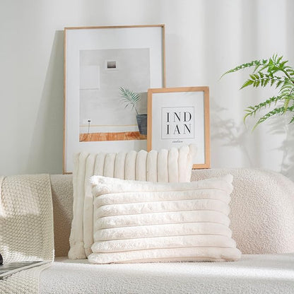 DEELAND Pack of 2,Double-Sided Faux Fur Plush Decorative Throw Pillow Covers Fuzzy Striped Soft Pillowcase Cushion Covers for Sofa Couch Bedroom Home, Cream White