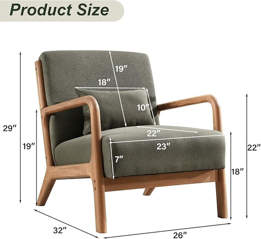 Accent Chair Mid Century Modern Chair Linen Fabric Living Room Chairs with Solid Wood Frame Comfy Upholstered and Lumbar Pillow Reading Side Chair Easy Assembly for Bedroom Room (2, Linen Green)
