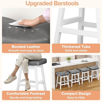 Counter Height Bar Stools Set of 2, 24 Inch Barstools for Kitchen Counter, Kitchen Stools with Bonded Leather Saddle Seats & Heavy Duty Metal Legs, Easy Assembly, Gray/White
