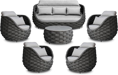 Metal Outdoor Conversation Sets: 6-Piece Aluminum Patio Furniture Set - Woven Rope Porch Sofa Set w/Coffee Table Cushions - Assembled Modern Lounge Couch for Deck Garden Yard Pool Hotel Resort
