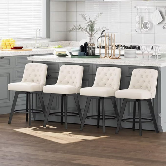 MINCETA Bar Stools Set of 4, PU Leather Barstools, 26 Inch Upholstered Counter Stools with Low Tufted Back and Footrest, Swivel Counter Height Barstools for Kitchen Island Home Bar White