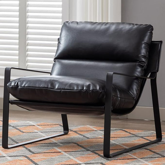 Mid-Century Accent Chair, Comfy PU Leather Side Chair with Armrest, Upholstered Leisure Chair with Black Metal Frame for Living Room Bedroom Reception Room, Black