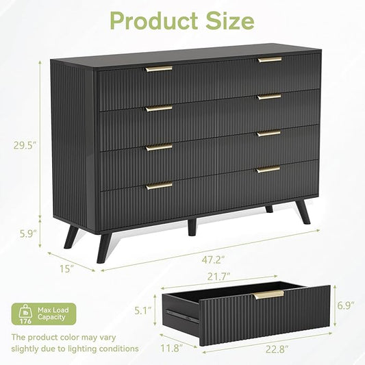 Black Fluted 8 Drawer Dresser for Bedroom, Chest of Drawers with Solid Wood Legs, Modern Dresser Chest Cabinet Organizer with Golden Handles, Beside Table for Closet,