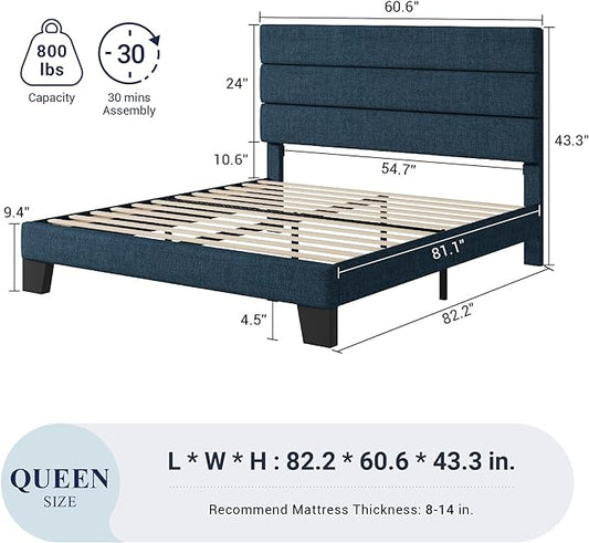 Allewie Queen Size Platform Bed Frame with Fabric Upholstered Headboard and Wooden Slats Support, Fully Upholstered Mattress Foundation/No Box Spring Needed/Easy Assembly, Navy Blue