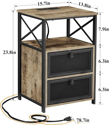 VECELO Grey End Table with USB Ports and Outlets,24 Inch Nightstands with Charging Station and Storage Shelf for Bedroom,Living Room, 2 Set