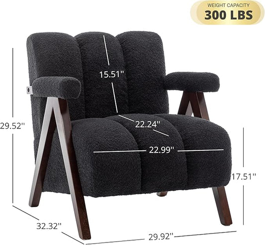 Mid Century Modern Accent Chair with Solid Wood Frame, Boucle Upholstered Living Room Chairs with Thick Cushion, Comfy Tufted Arm Chair for Bedroom, Black
