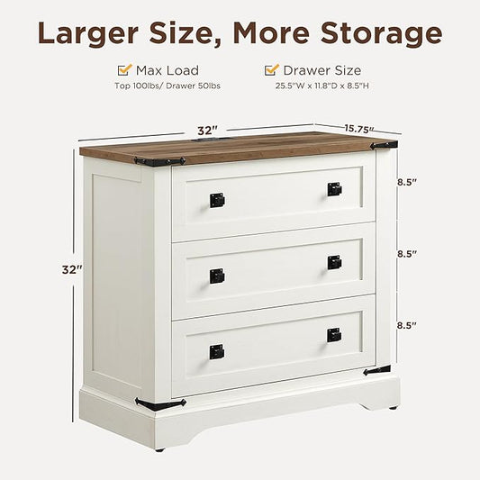 T4TREAM Farmhouse 3 Drawers Dresser for Bedroom, Rustic Wood Wide Dresser TV Stand for Living Room, Hallway, Antique White
